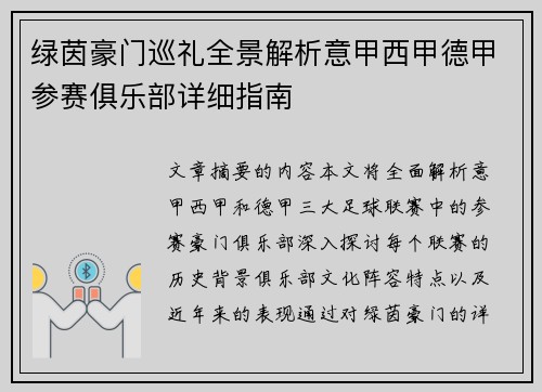 绿茵豪门巡礼全景解析意甲西甲德甲参赛俱乐部详细指南