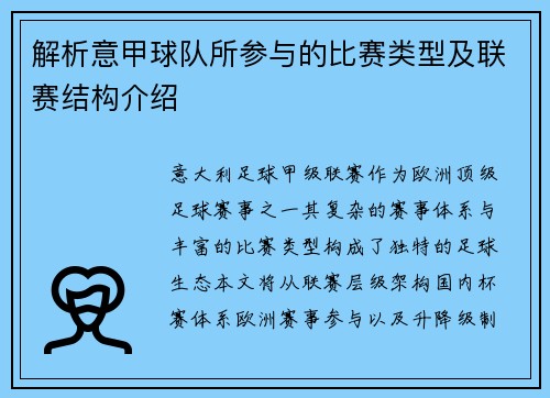 解析意甲球队所参与的比赛类型及联赛结构介绍